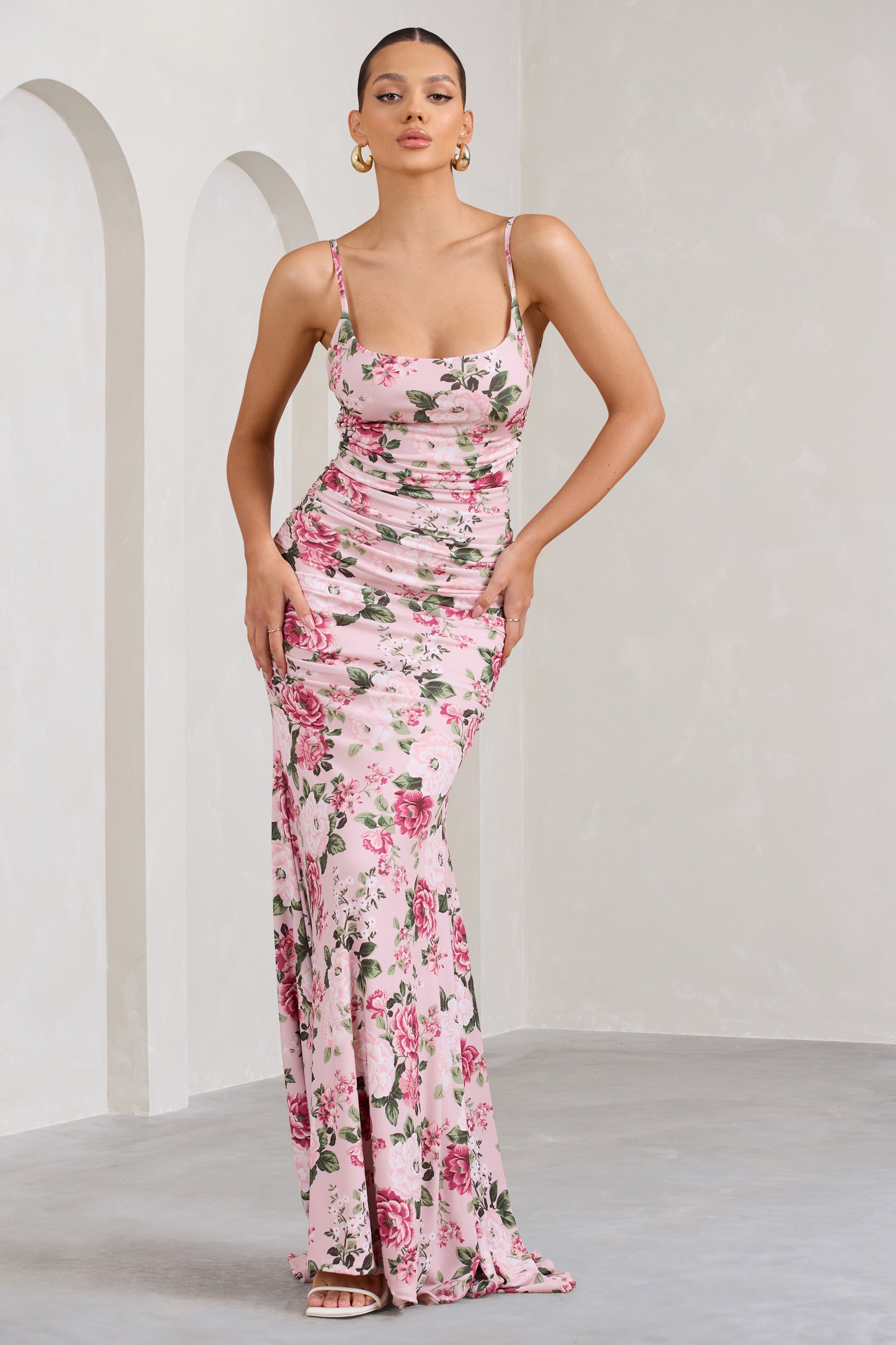 Adele Pink Floral Print Backless Ruched Fishtail Cami Maxi Dress-Fashionmomo.All Rights Reserved