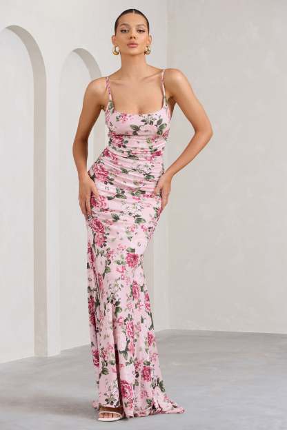 Adele Pink Floral Print Backless Ruched Fishtail Cami Maxi Dress-Fashionmomo.All Rights Reserved