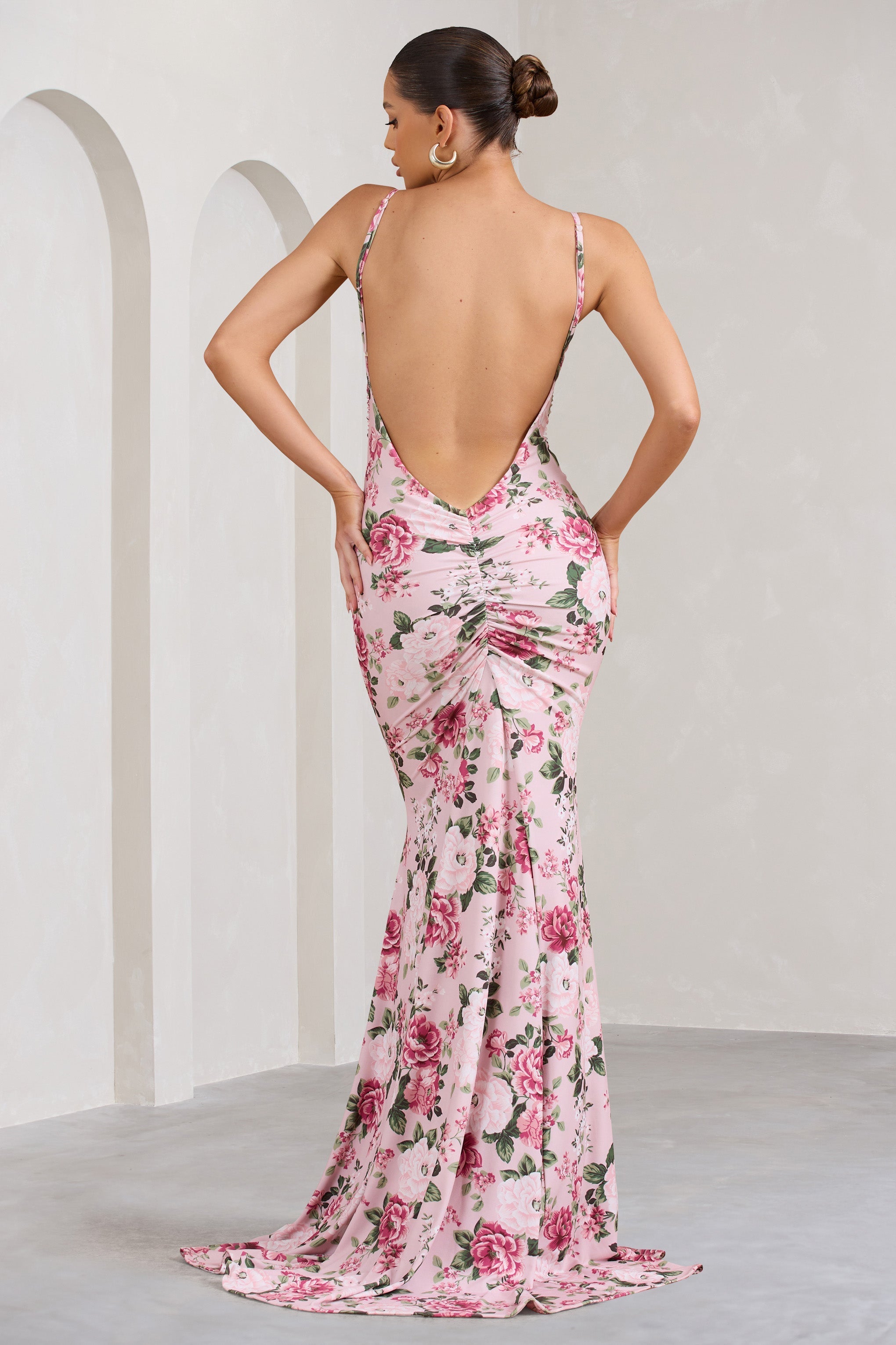 Adele Pink Floral Print Backless Ruched Fishtail Cami Maxi Dress-Fashionmomo.All Rights Reserved