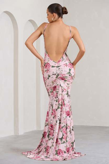 Adele Pink Floral Print Backless Ruched Fishtail Cami Maxi Dress-Fashionmomo.All Rights Reserved