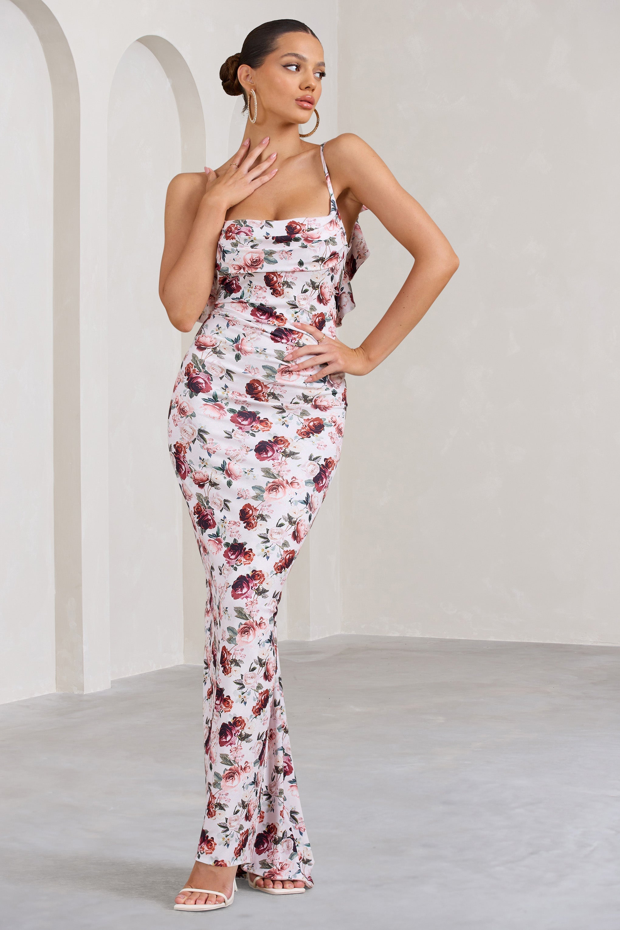 Flute White Floral Bodycon Maxi Dress With Ruched Ruffled Back-Fashionmomo.All Rights Reserved