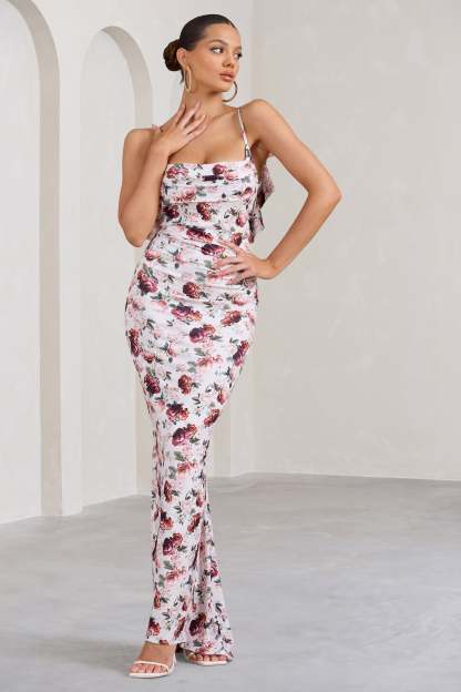Flute White Floral Bodycon Maxi Dress With Ruched Ruffled Back-Fashionmomo.All Rights Reserved