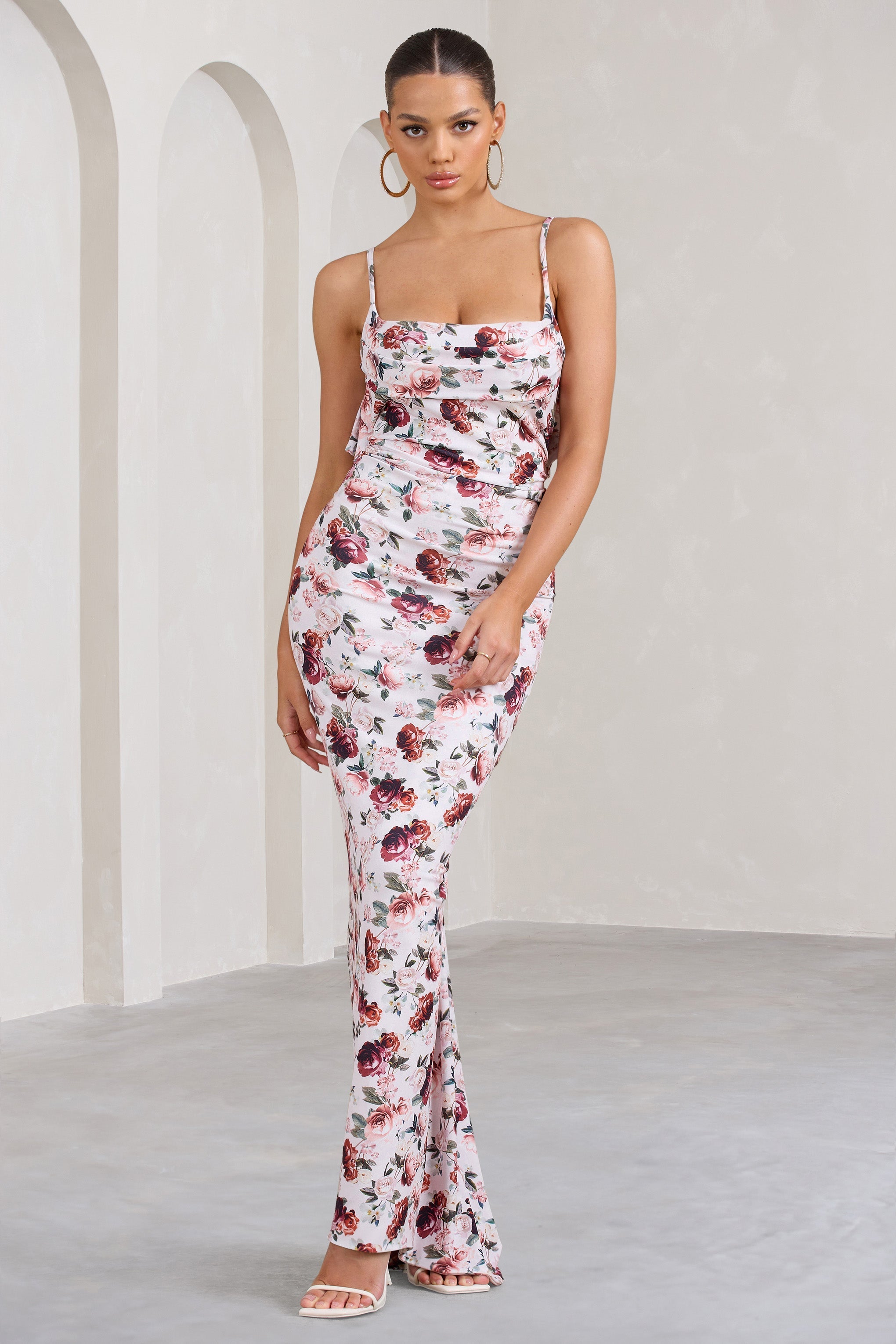 Flute White Floral Bodycon Maxi Dress With Ruched Ruffled Back-Fashionmomo.All Rights Reserved