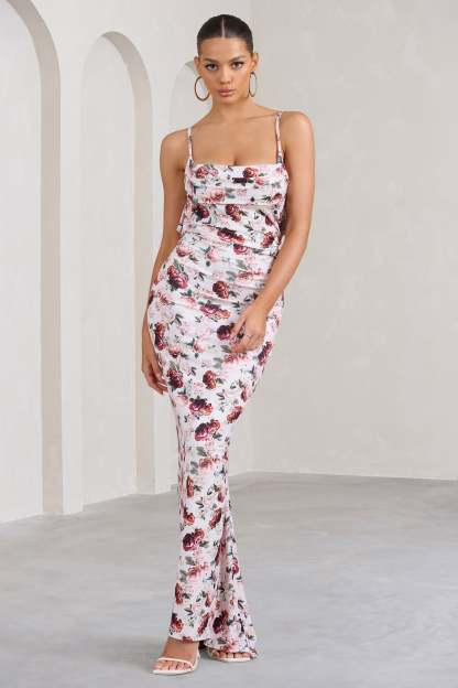 Flute White Floral Bodycon Maxi Dress With Ruched Ruffled Back-Fashionmomo.All Rights Reserved