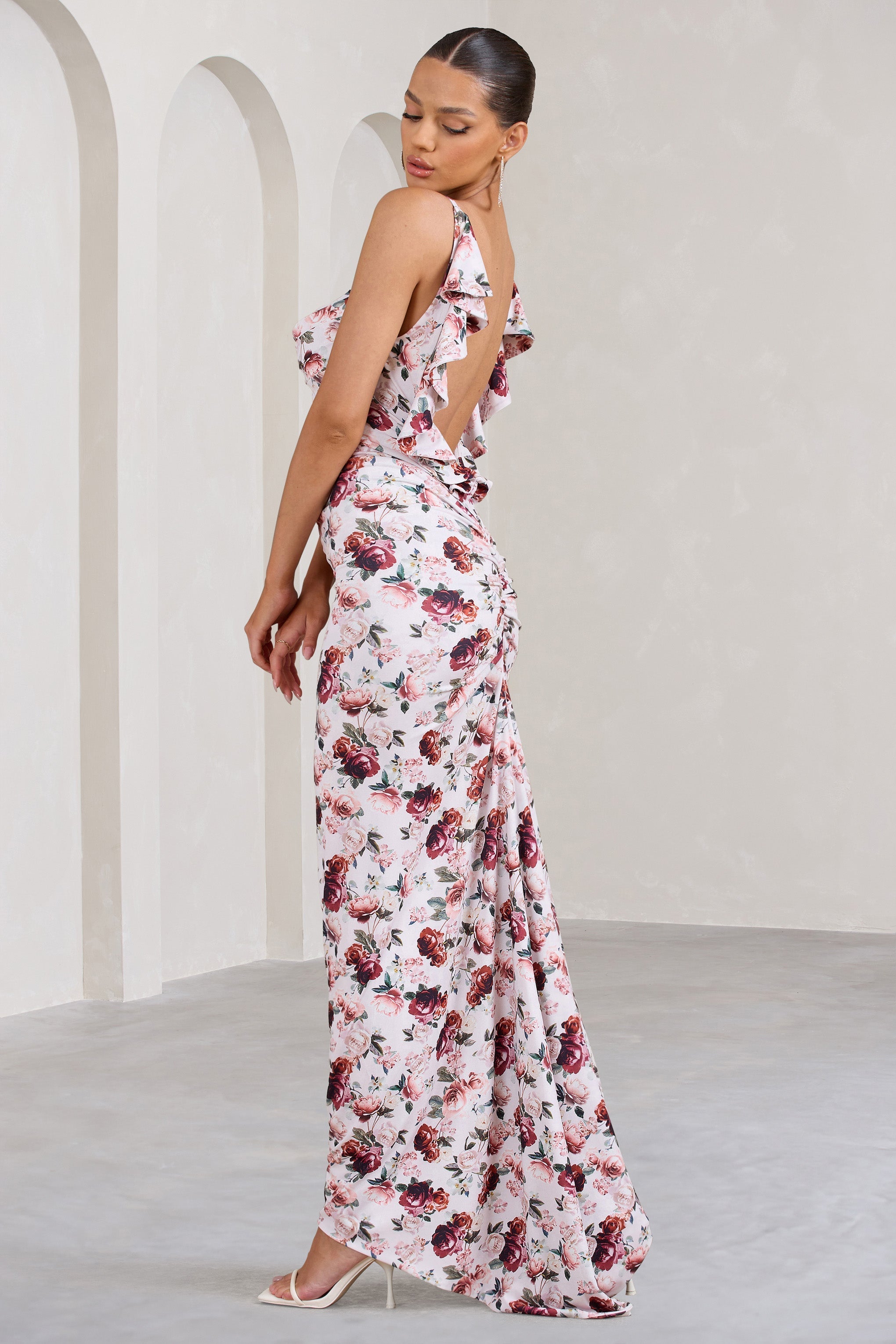 Flute White Floral Bodycon Maxi Dress With Ruched Ruffled Back-Fashionmomo.All Rights Reserved