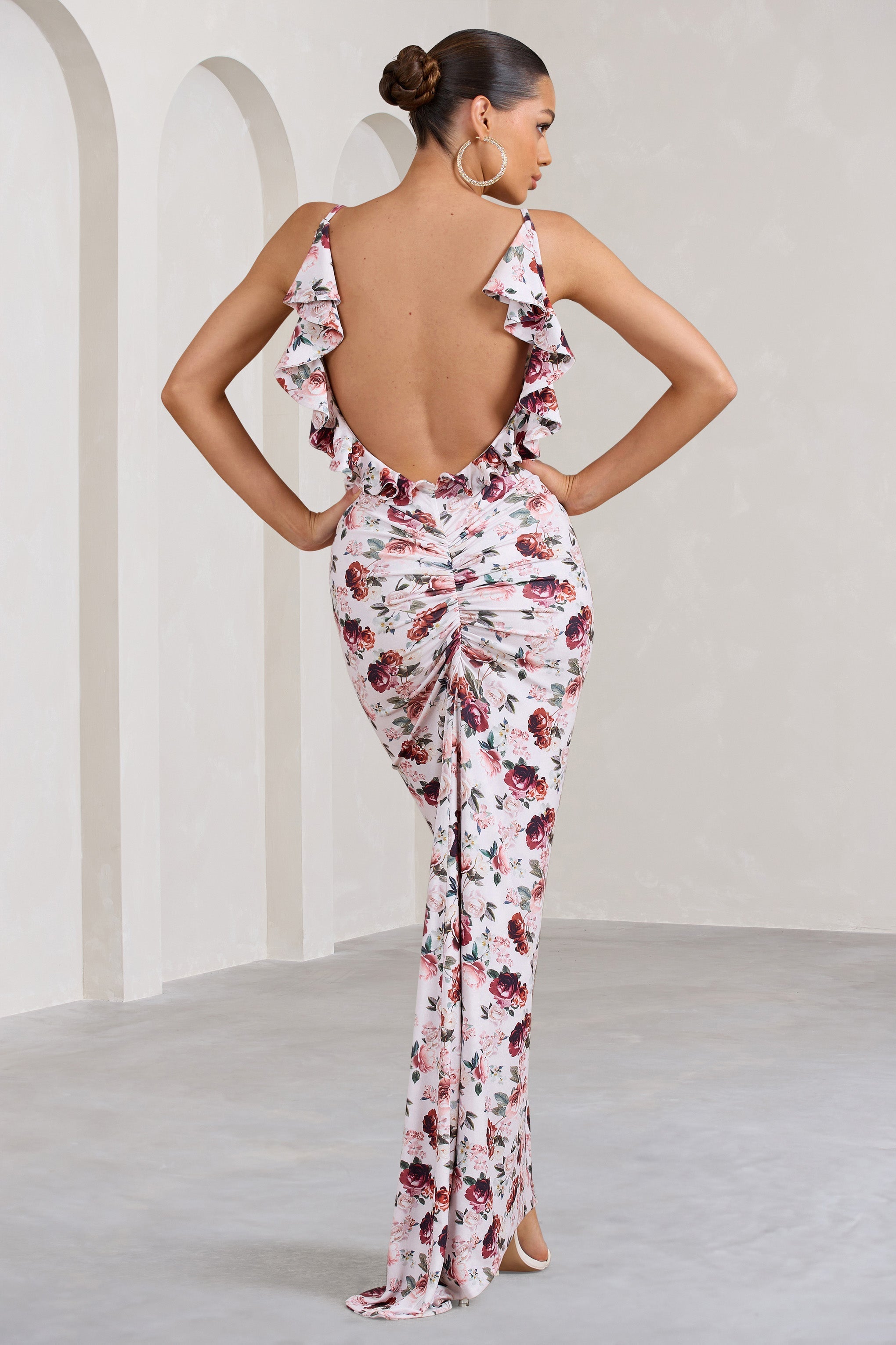 Flute White Floral Bodycon Maxi Dress With Ruched Ruffled Back-Fashionmomo.All Rights Reserved