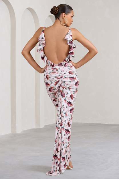 Flute White Floral Bodycon Maxi Dress With Ruched Ruffled Back-Fashionmomo.All Rights Reserved