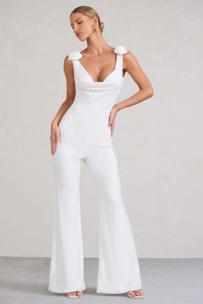 Posy White Cowl-Neck Jumpsuit With Corsages And Lace Detail-Fashionmomo.All Rights Reserved