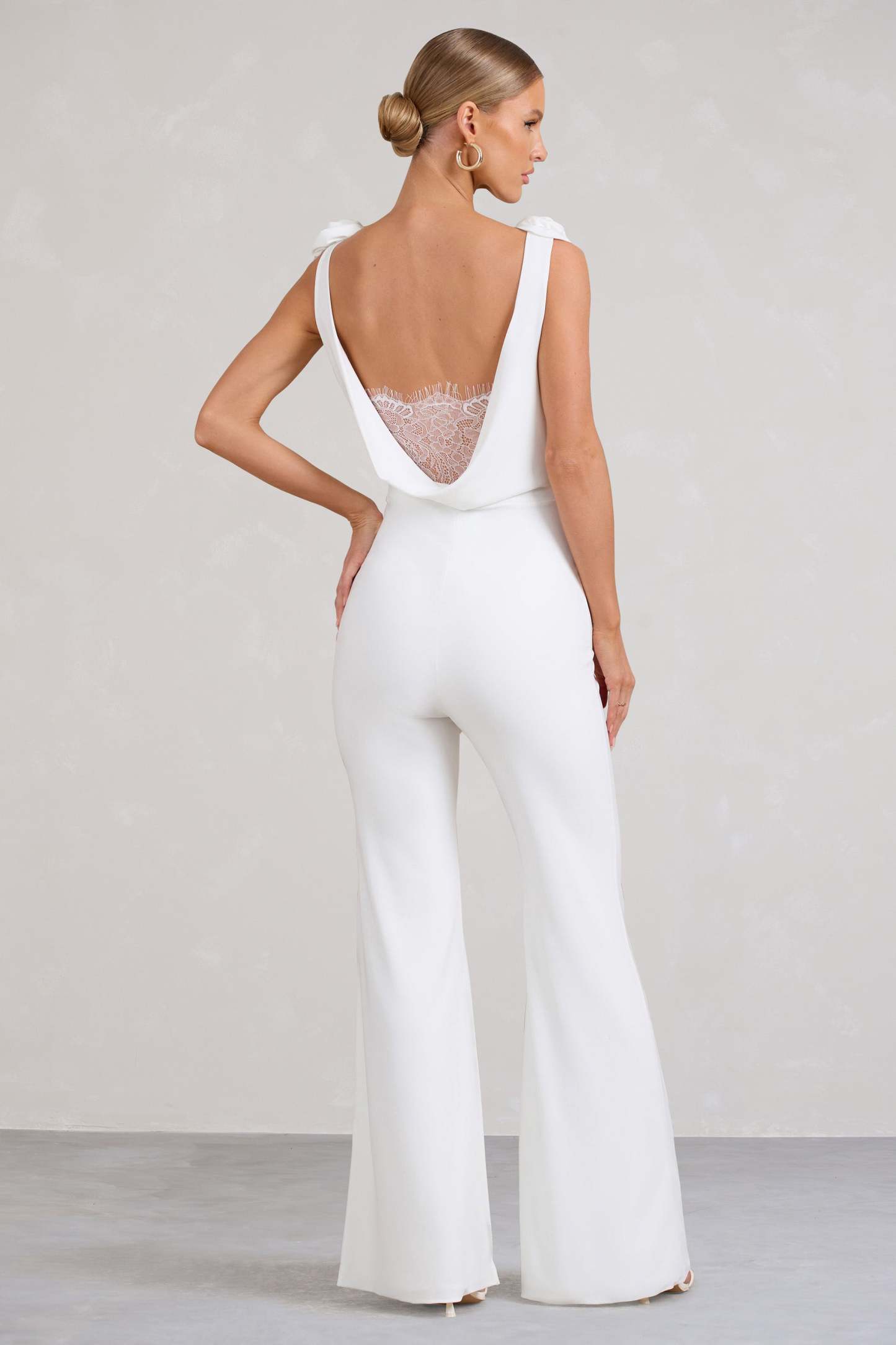Posy White Cowl-Neck Jumpsuit With Corsages And Lace Detail-Fashionmomo.All Rights Reserved