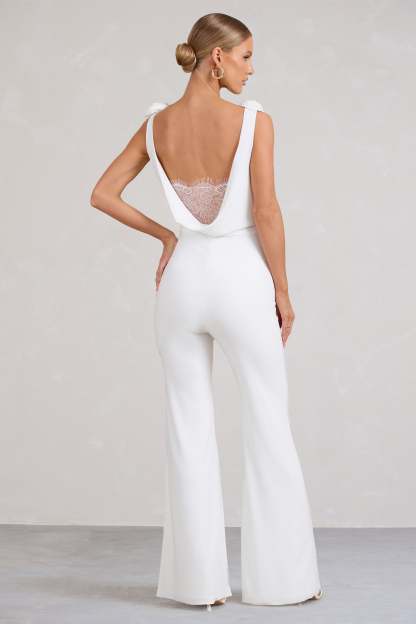 Posy White Cowl-Neck Jumpsuit With Corsages And Lace Detail-Fashionmomo.All Rights Reserved