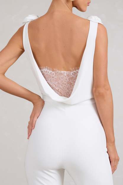 Posy White Cowl-Neck Jumpsuit With Corsages And Lace Detail-Fashionmomo.All Rights Reserved