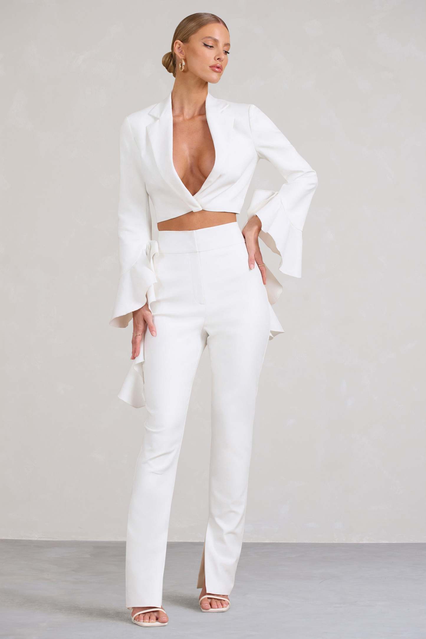 Addilyn White Cotton-Blend Tailored Straight-Leg Split Trousers-Fashionmomo.All Rights Reserved