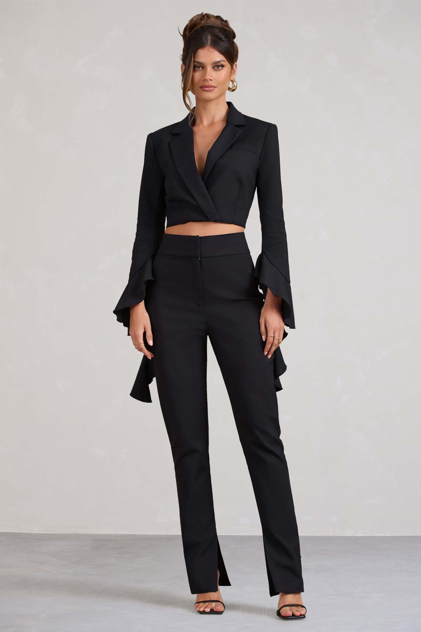Addilyn Black Cotton-Blend Tailored Straight-Leg Split Trousers-Fashionmomo.All Rights Reserved