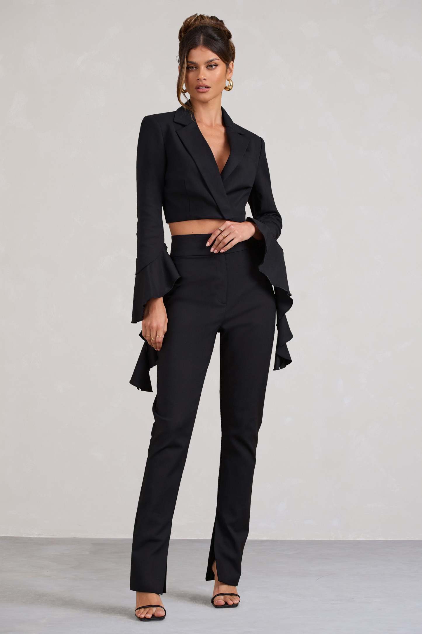 Addilyn Black Cotton-Blend Tailored Straight-Leg Split Trousers-Fashionmomo.All Rights Reserved