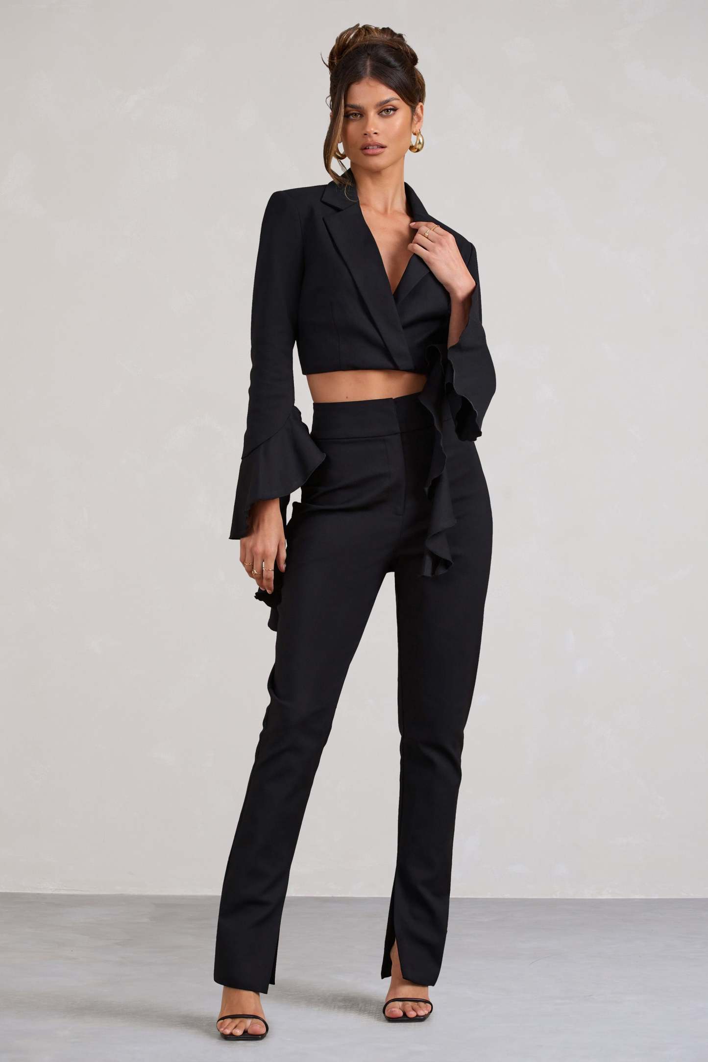 Addilyn Black Cotton-Blend Tailored Straight-Leg Split Trousers-Fashionmomo.All Rights Reserved