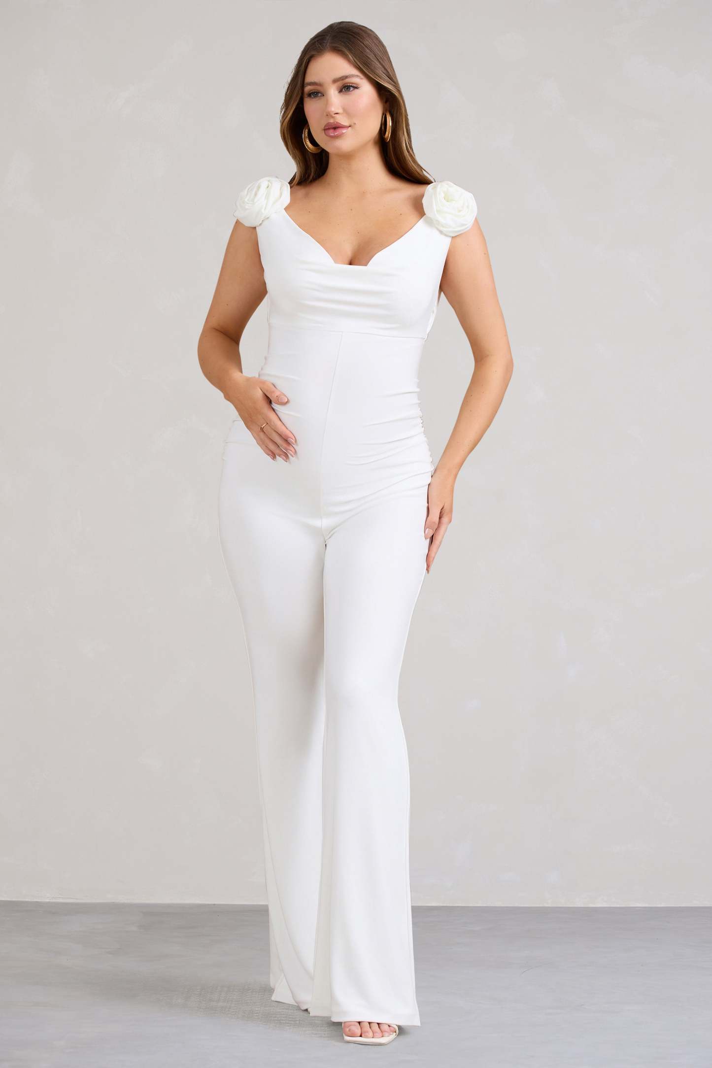 Posy White Maternity Cowl Jumpsuit With Flower Design-Fashionmomo.All Rights Reserved