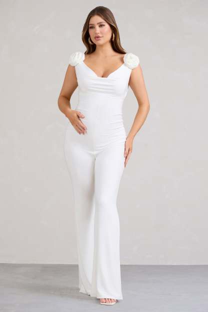 Posy White Maternity Cowl Jumpsuit With Flower Design-Fashionmomo.All Rights Reserved
