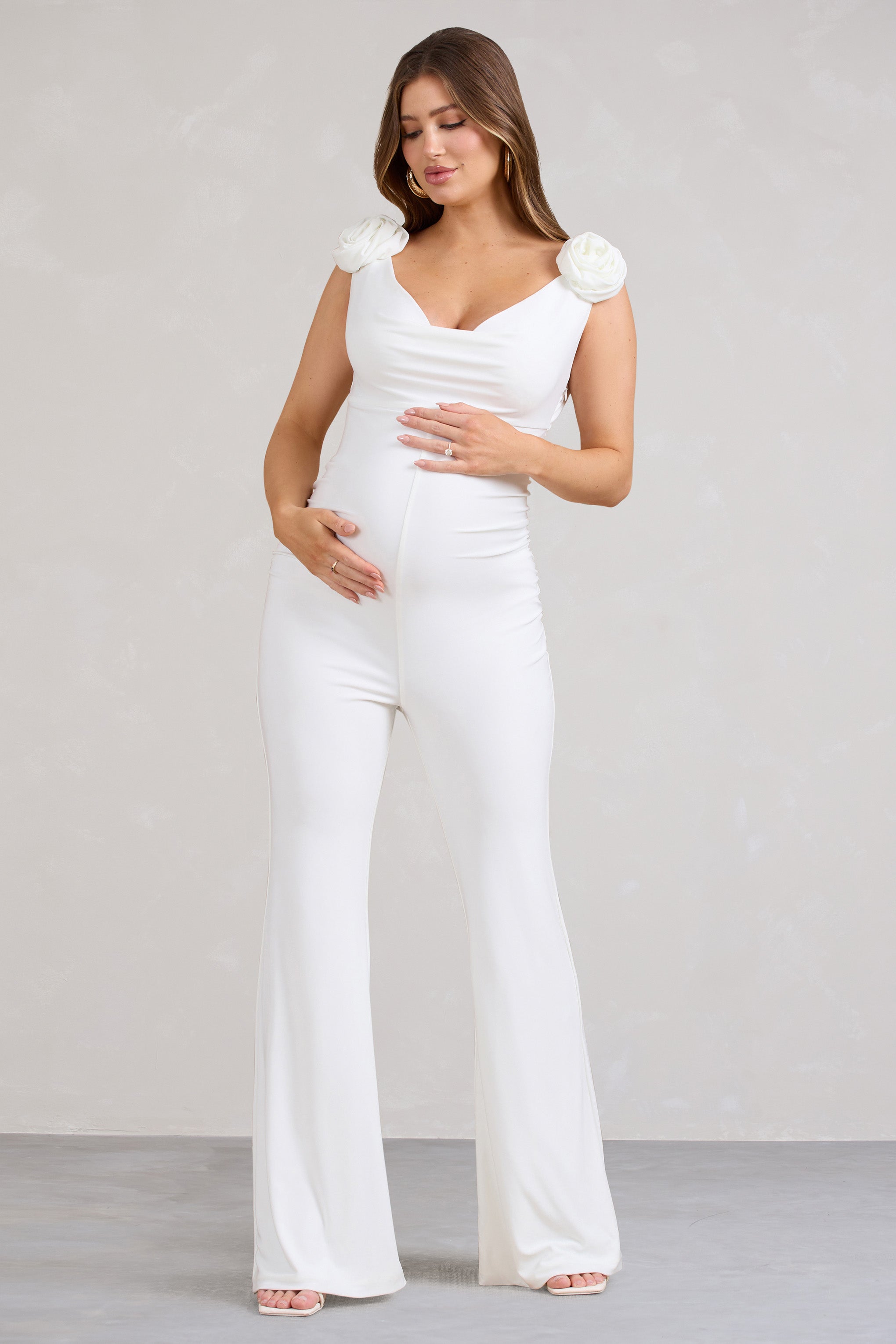 Posy White Maternity Cowl Jumpsuit With Flower Design-Fashionmomo.All Rights Reserved