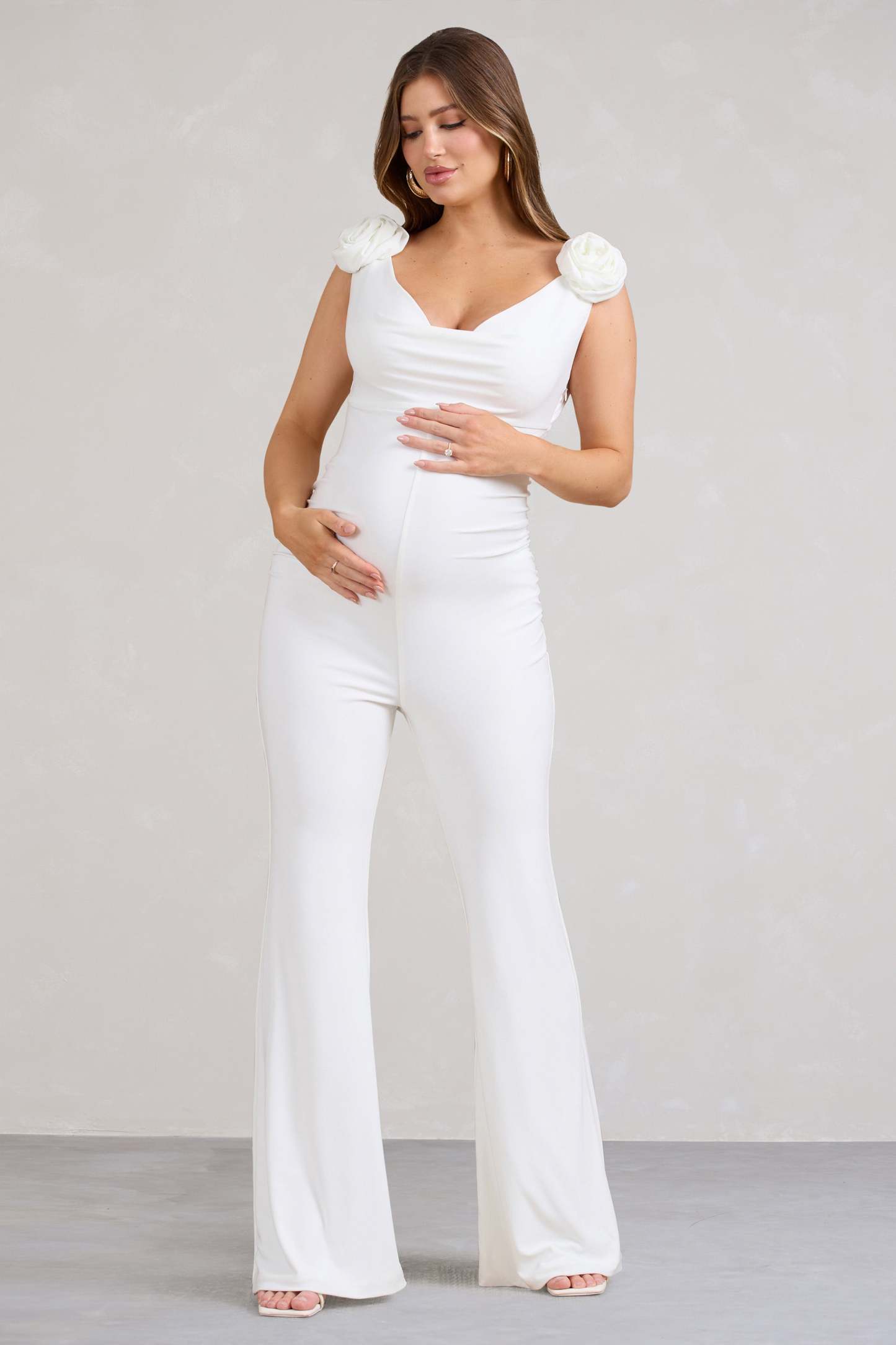 Posy White Maternity Cowl Jumpsuit With Flower Design-Fashionmomo.All Rights Reserved