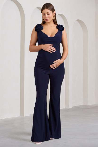 Posy Navy Maternity Cowl Jumpsuit With Flower Design-Fashionmomo.All Rights Reserved