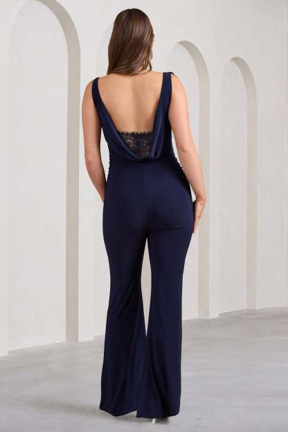 Posy Navy Maternity Cowl Jumpsuit With Flower Design-Fashionmomo.All Rights Reserved