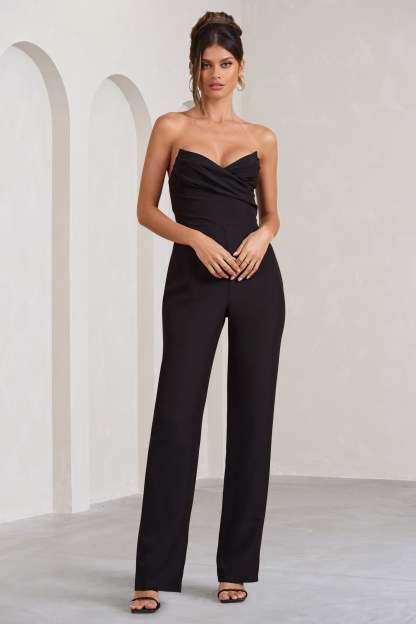 Bellezza Black Bandeau Corset Wide Leg Jumpsuit-Fashionmomo.All Rights Reserved