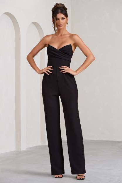 Bellezza Black Bandeau Corset Wide Leg Jumpsuit-Fashionmomo.All Rights Reserved