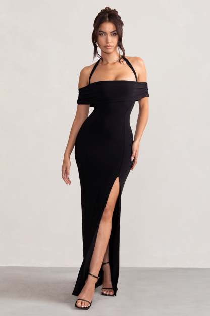 Anisa Black Halter Neck Bardot Maxi Dress With Thigh Split-Fashionmomo.All Rights Reserved