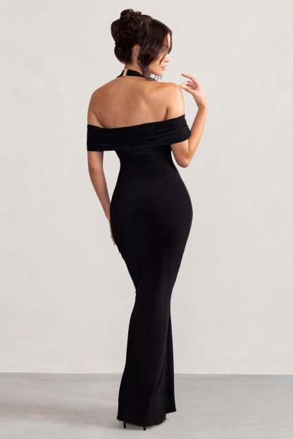 Anisa Black Halter Neck Bardot Maxi Dress With Thigh Split-Fashionmomo.All Rights Reserved