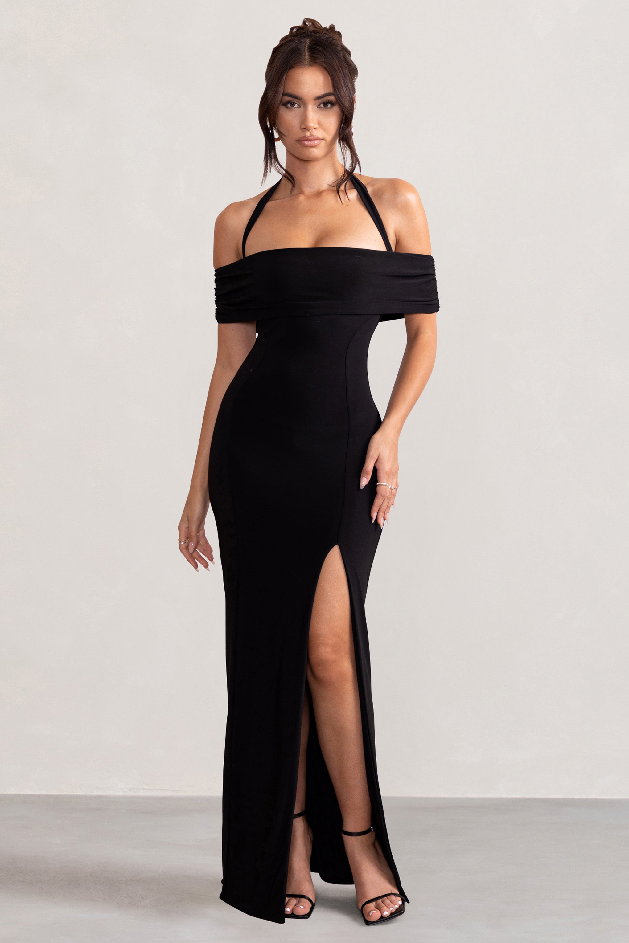 Anisa Black Halter Neck Bardot Maxi Dress With Thigh Split-Fashionmomo.All Rights Reserved