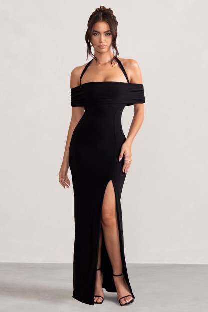 Anisa Black Halter Neck Bardot Maxi Dress With Thigh Split-Fashionmomo.All Rights Reserved