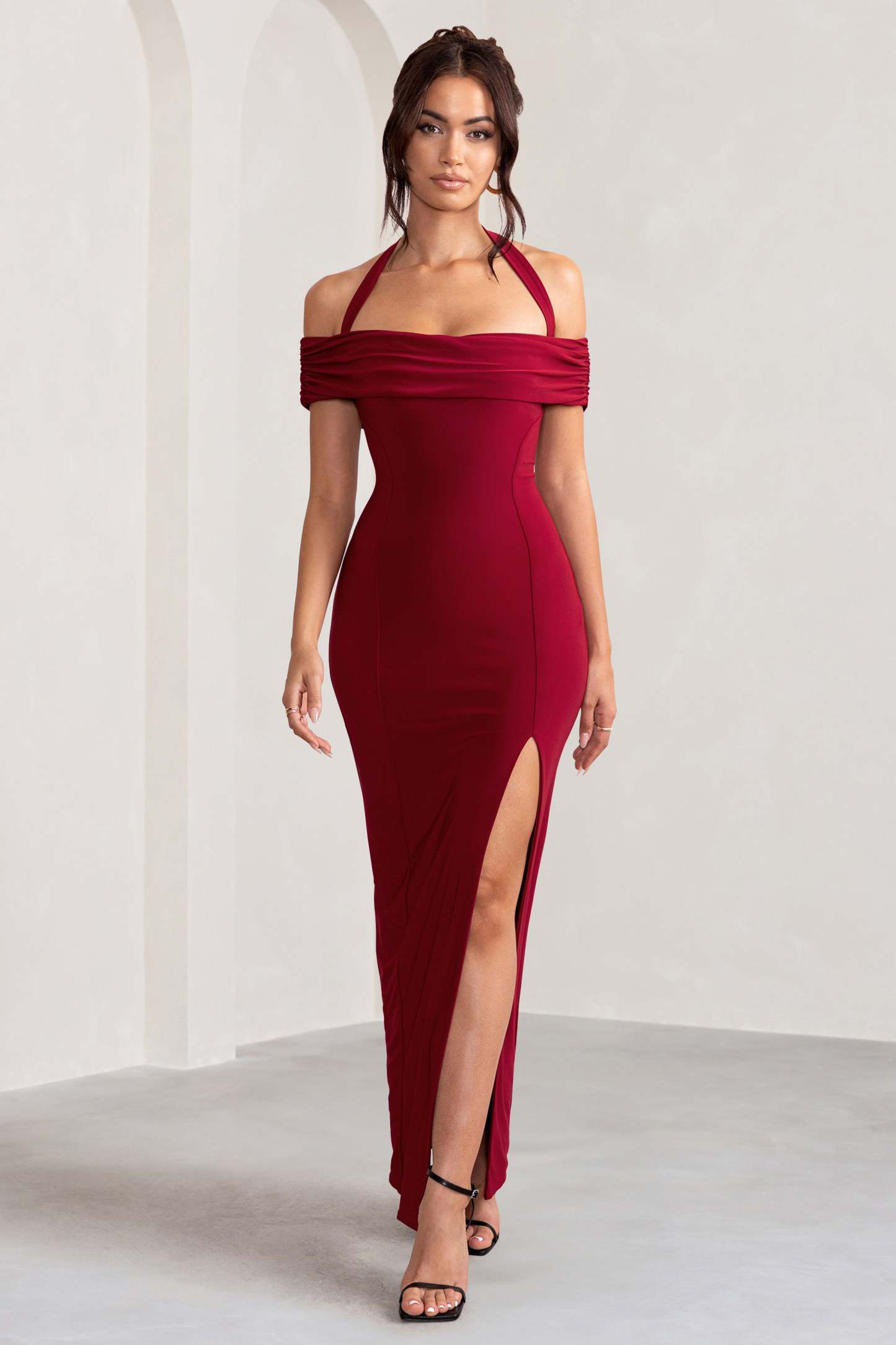Anisa Burgundy Halter Neck Bardot Maxi Dress With Thigh Split-Fashionmomo.All Rights Reserved