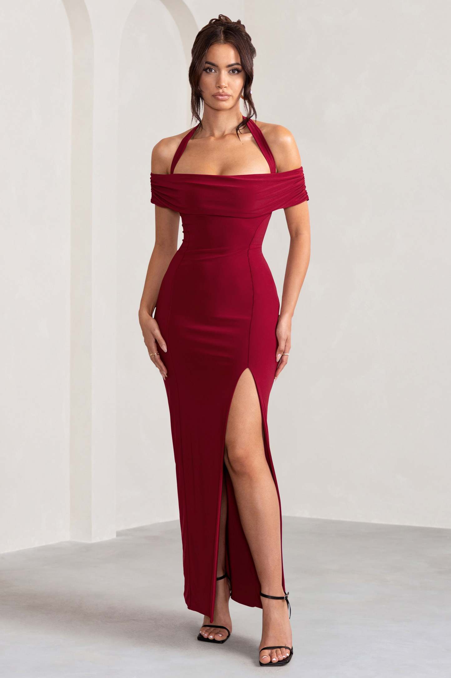Anisa Burgundy Halter Neck Bardot Maxi Dress With Thigh Split-Fashionmomo.All Rights Reserved