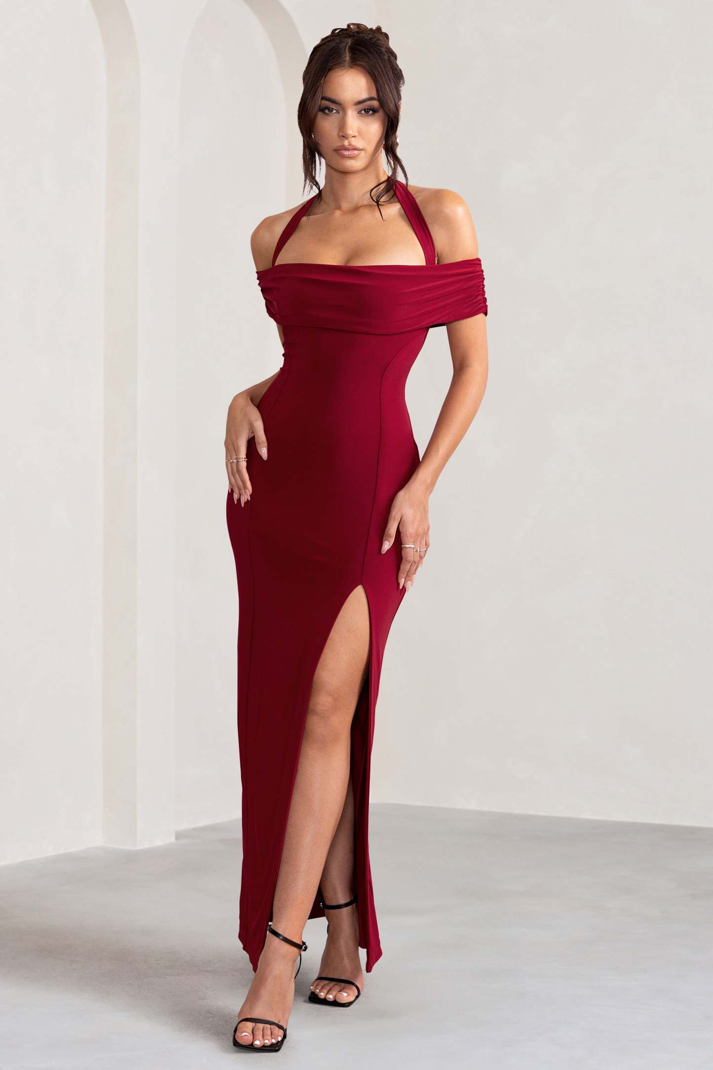 Anisa Burgundy Halter Neck Bardot Maxi Dress With Thigh Split-Fashionmomo.All Rights Reserved