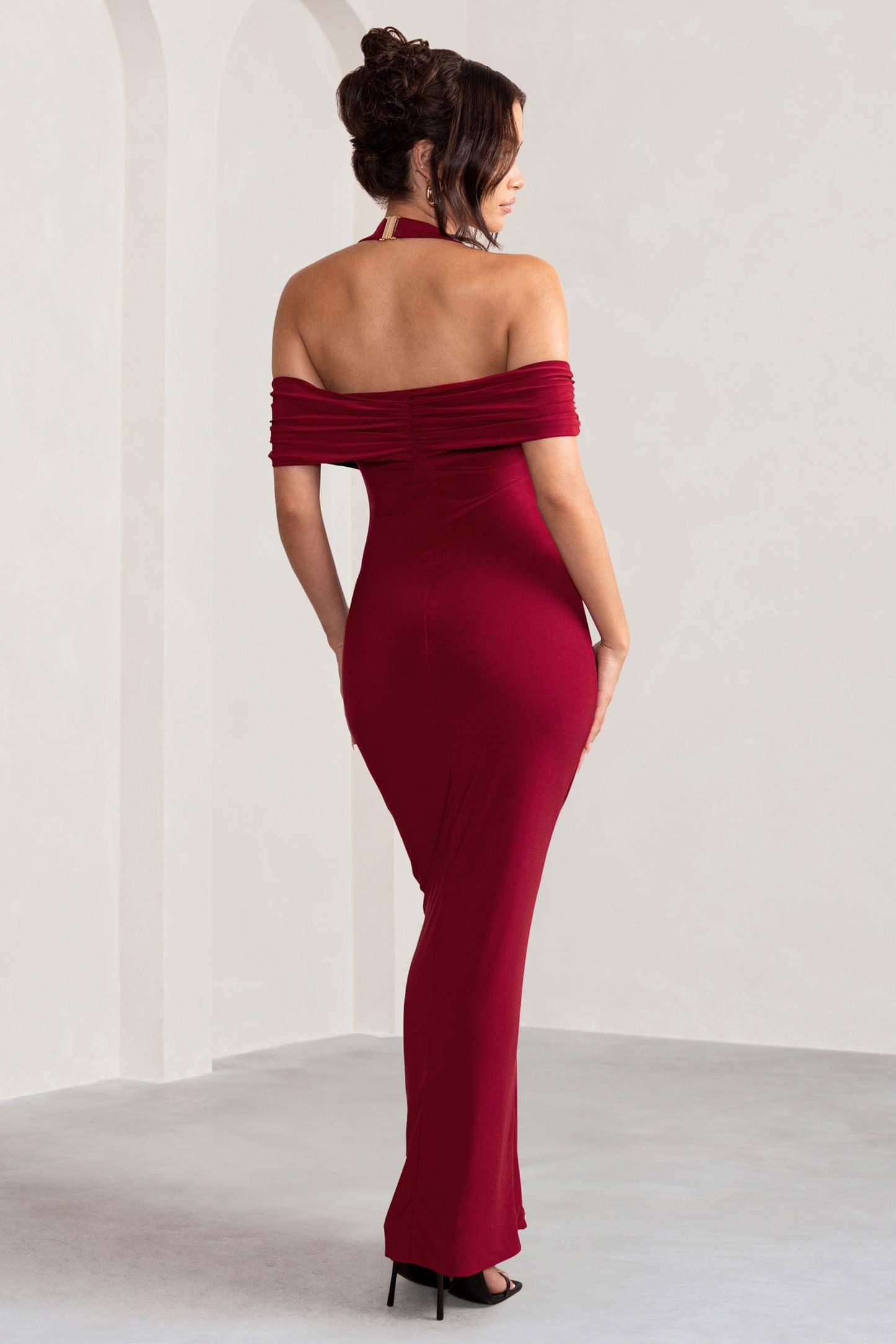 Anisa Burgundy Halter Neck Bardot Maxi Dress With Thigh Split-Fashionmomo.All Rights Reserved