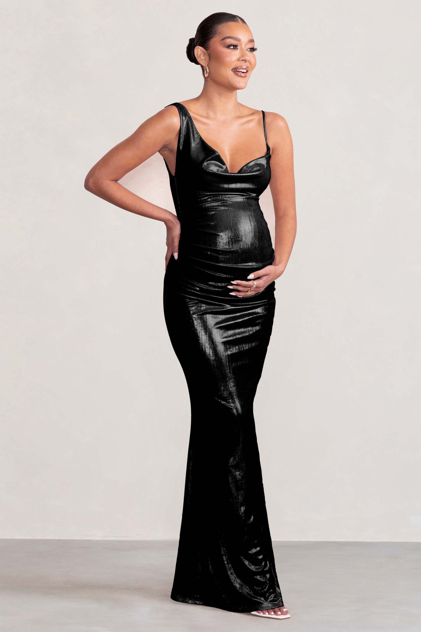 Galaxy Shimmer Black Maternity Cowl Neck Maxi Dress-Fashionmomo.All Rights Reserved