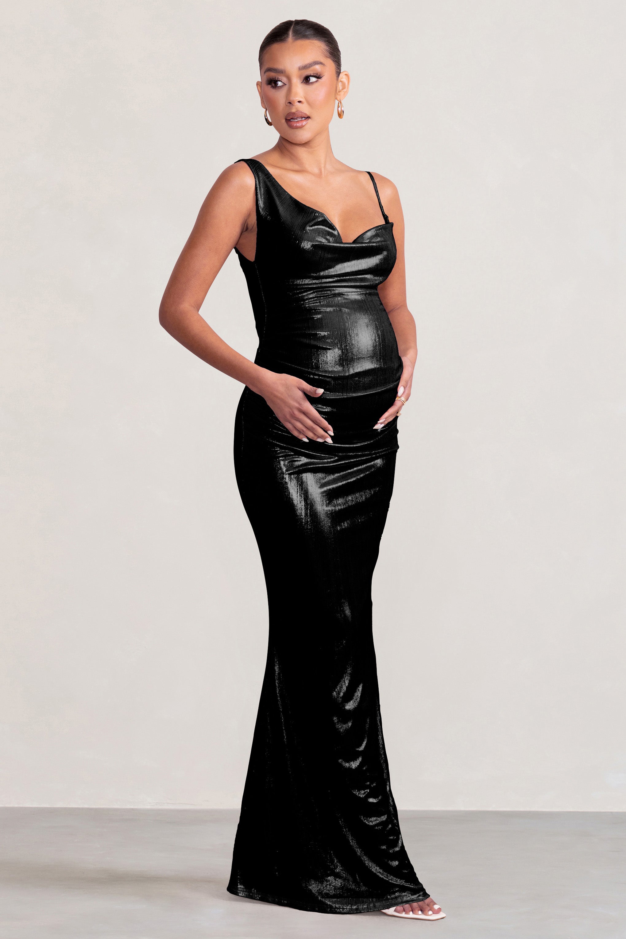 Galaxy Shimmer Black Maternity Cowl Neck Maxi Dress-Fashionmomo.All Rights Reserved