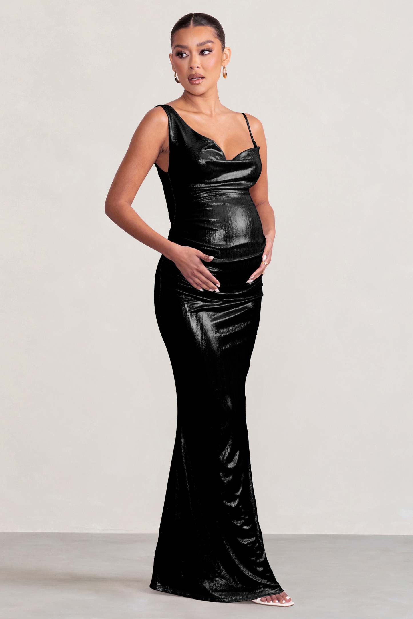Galaxy Shimmer Black Maternity Cowl Neck Maxi Dress-Fashionmomo.All Rights Reserved