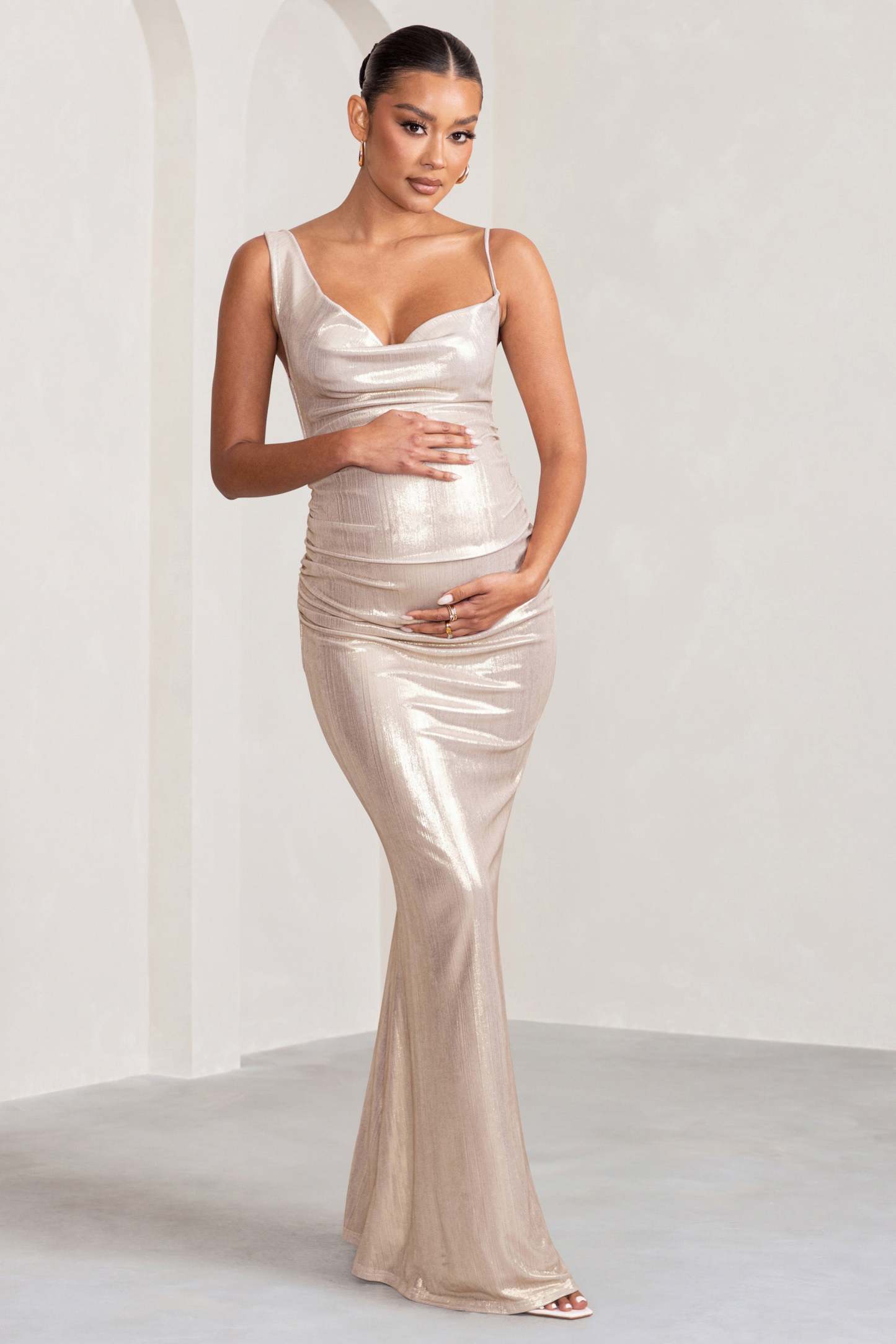 Galaxy Shimmer Gold Maternity Cowl Neck Maxi Dress-Fashionmomo.All Rights Reserved