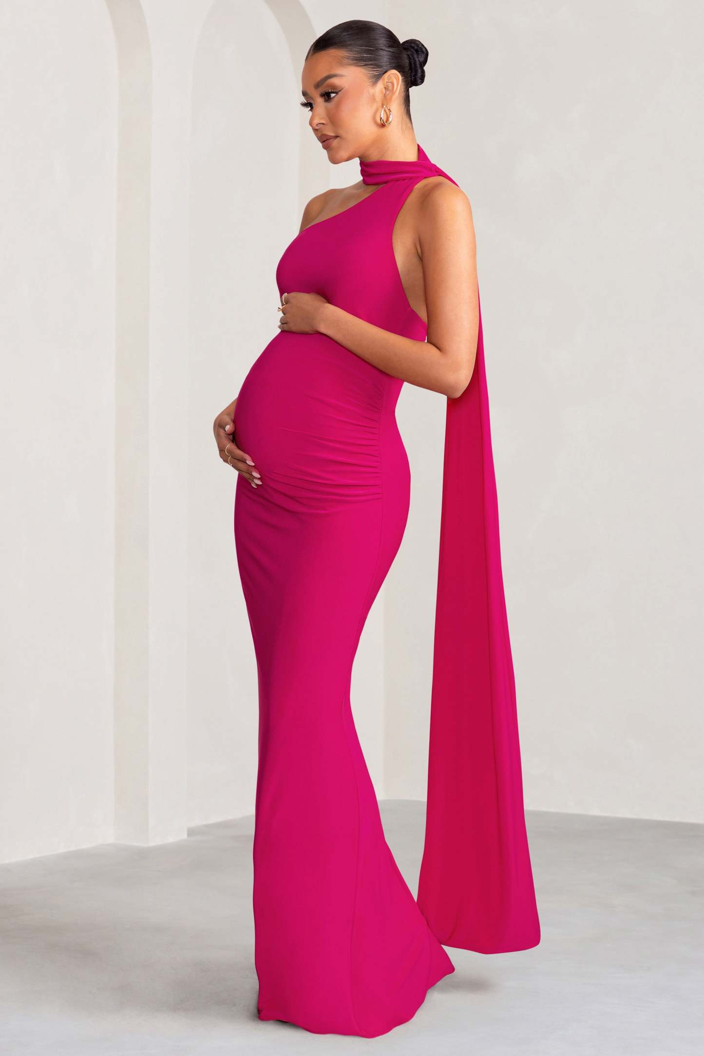 Alula Hot Pink Maternity Asymmetric Maxi Dress with Cape Detailing-Fashionmomo.All Rights Reserved