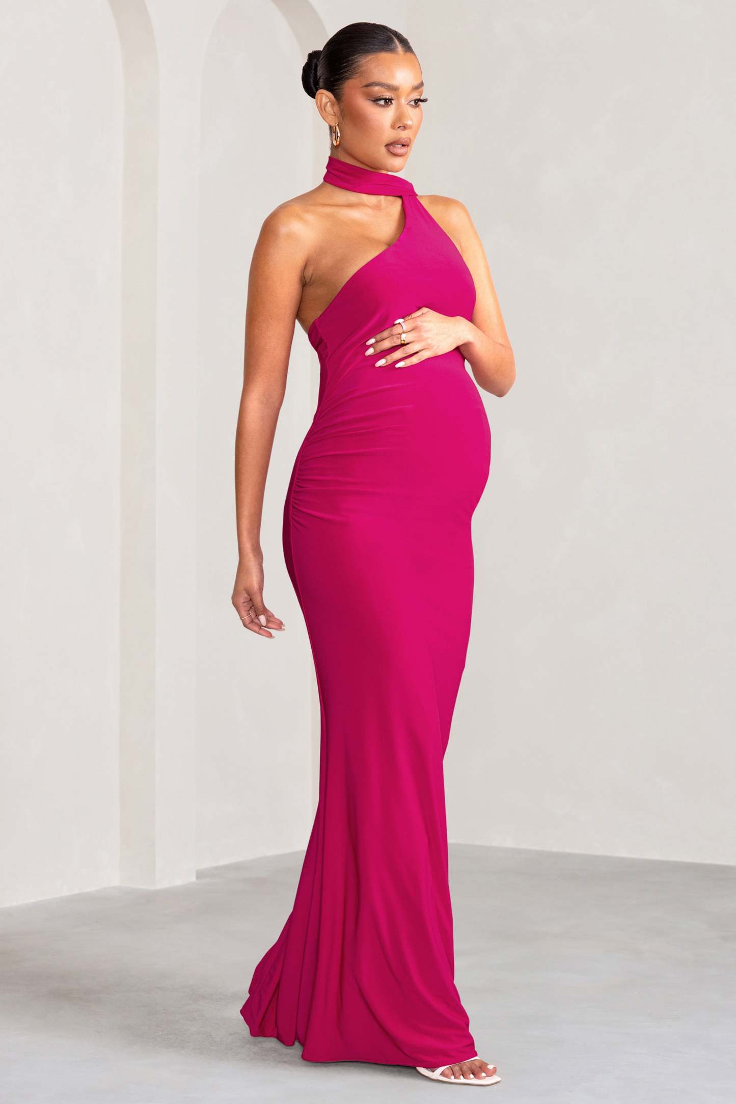 Alula Hot Pink Maternity Asymmetric Maxi Dress with Cape Detailing-Fashionmomo.All Rights Reserved