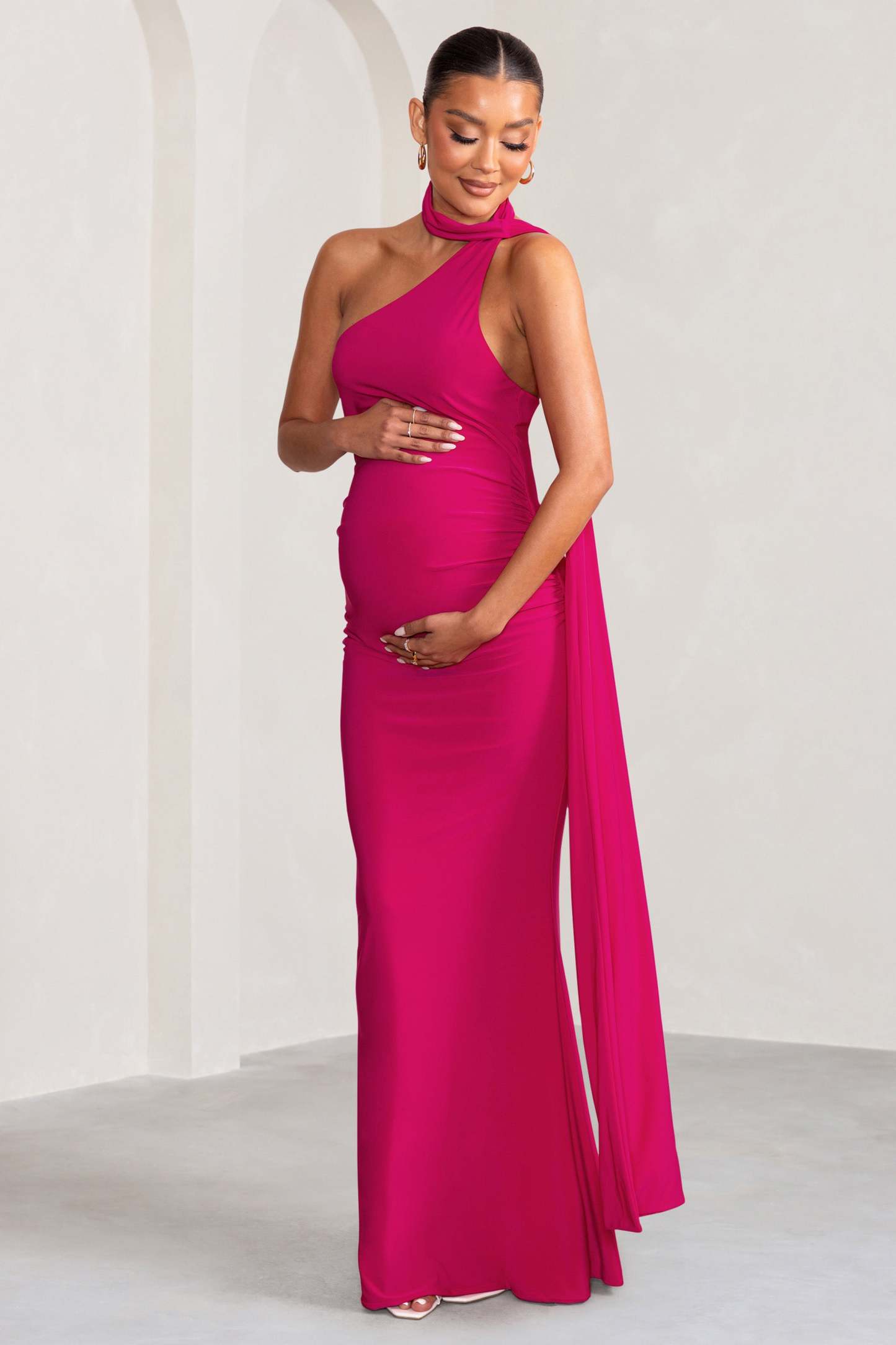 Alula Hot Pink Maternity Asymmetric Maxi Dress with Cape Detailing-Fashionmomo.All Rights Reserved
