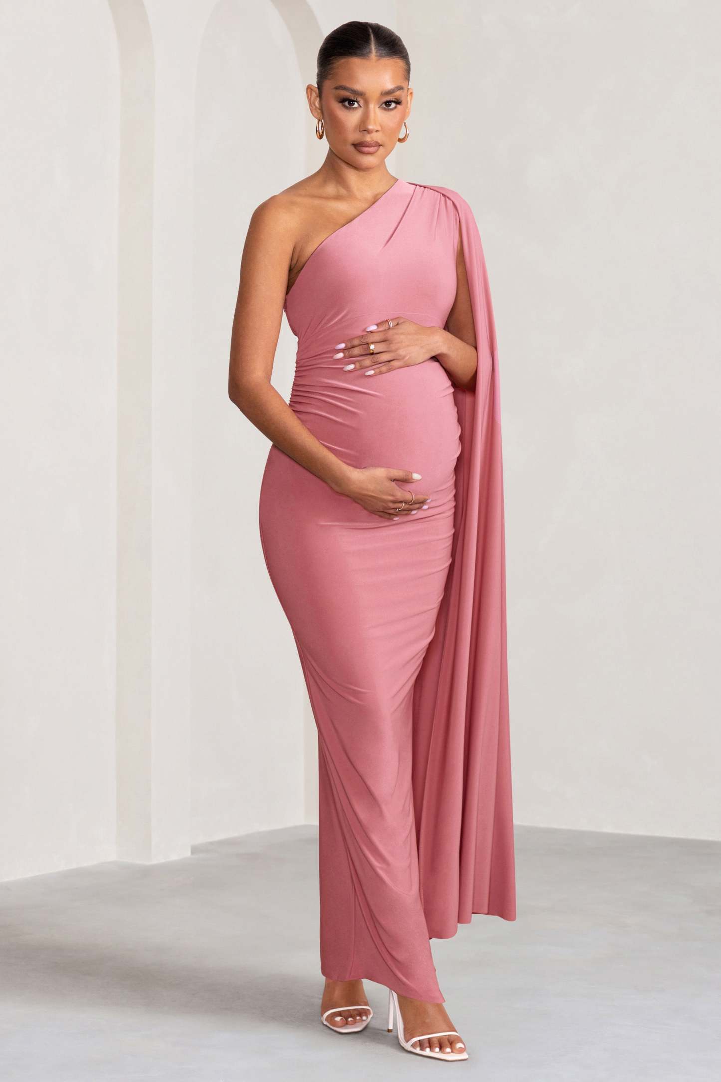Amaryllis Blush Pink Maternity One Shoulder Maxi Dress with Cape Sleeve-Fashionmomo.All Rights Reserved