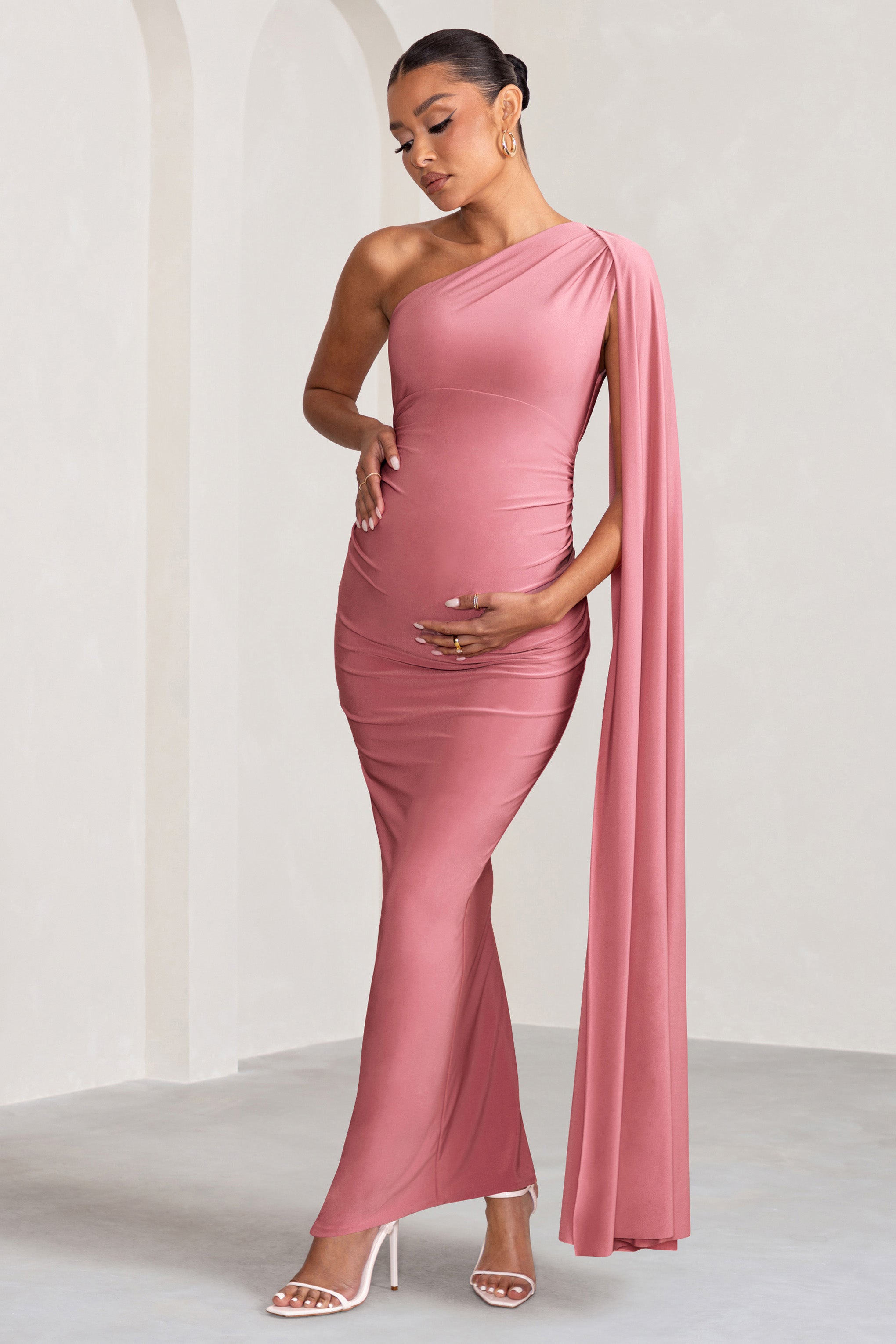 Amaryllis Blush Pink Maternity One Shoulder Maxi Dress with Cape Sleeve-Fashionmomo.All Rights Reserved