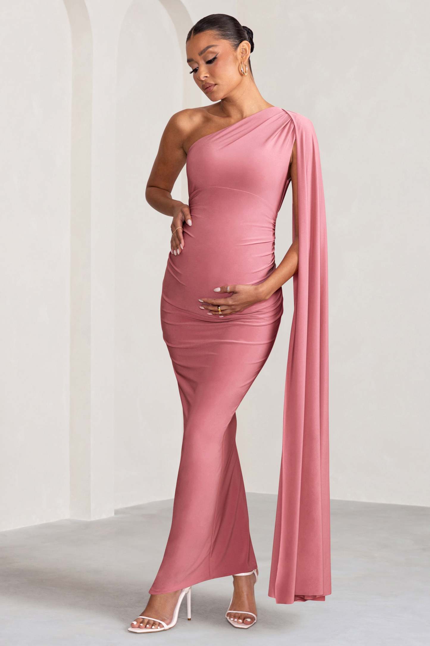 Amaryllis Blush Pink Maternity One Shoulder Maxi Dress with Cape Sleeve-Fashionmomo.All Rights Reserved