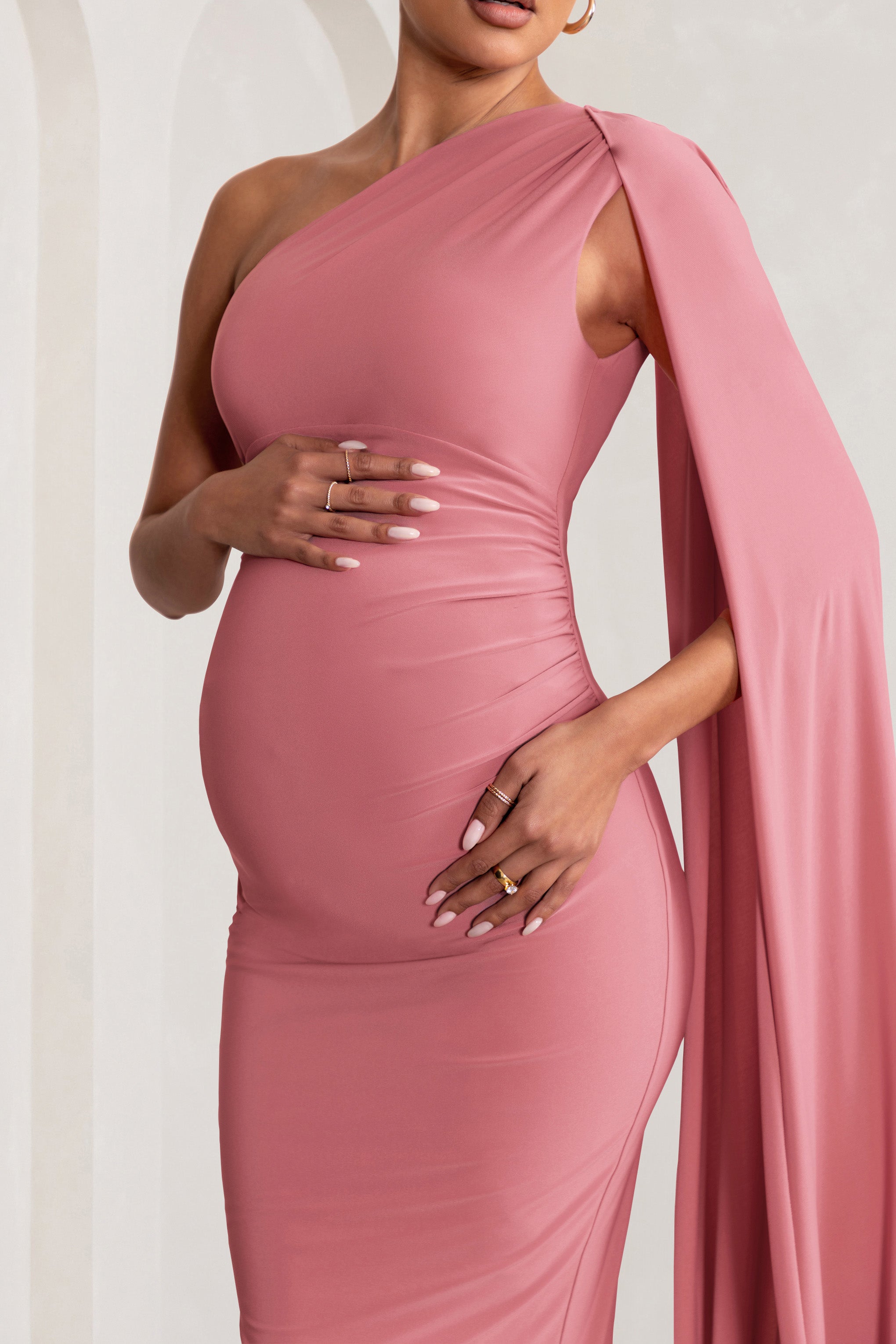 Amaryllis Blush Pink Maternity One Shoulder Maxi Dress with Cape Sleeve-Fashionmomo.All Rights Reserved
