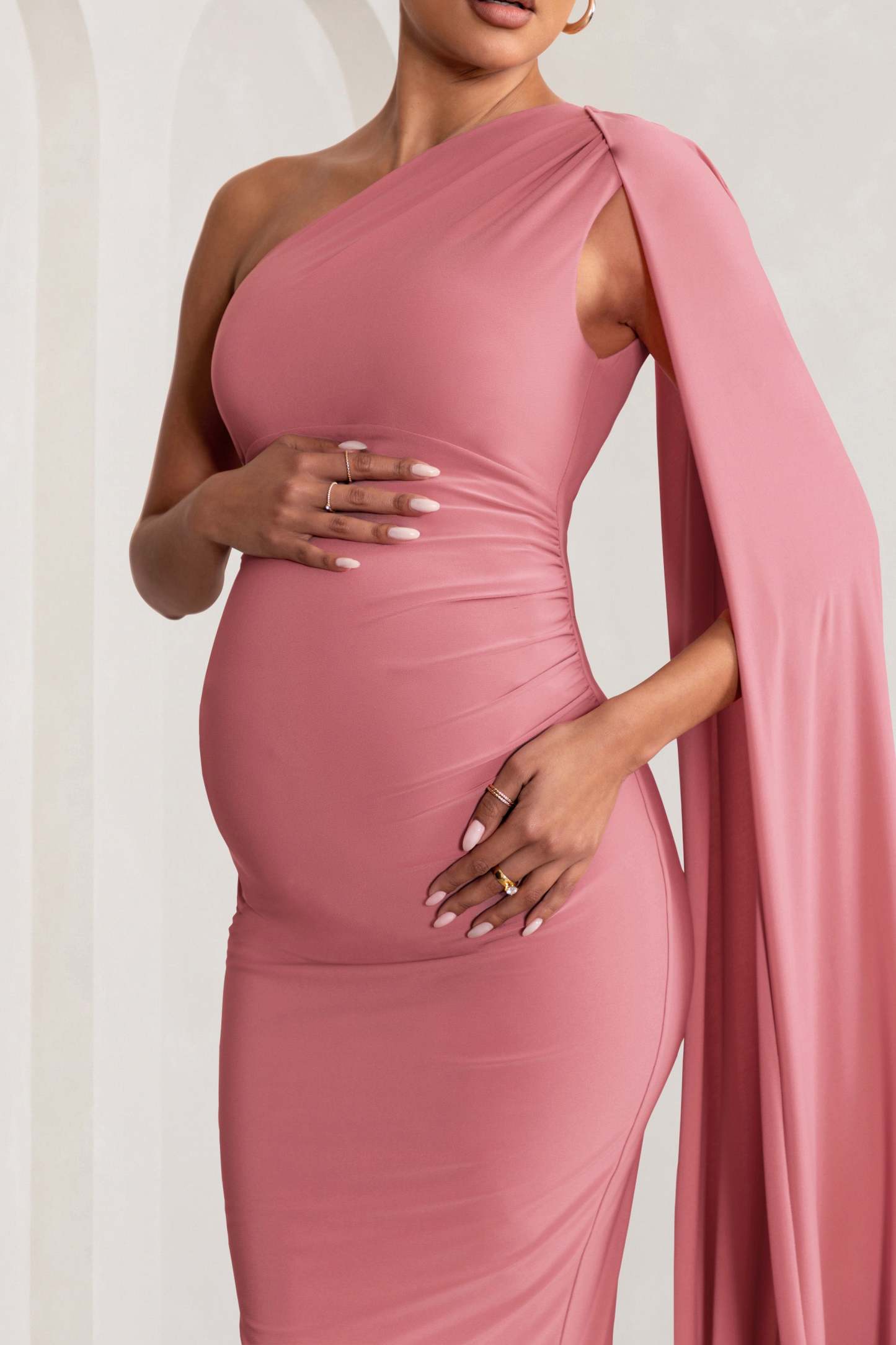 Amaryllis Blush Pink Maternity One Shoulder Maxi Dress with Cape Sleeve-Fashionmomo.All Rights Reserved