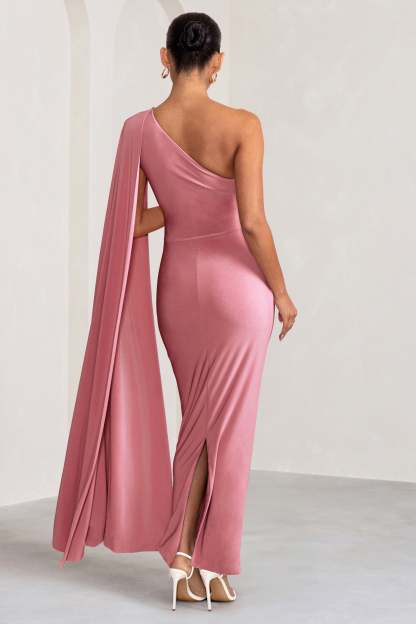 Amaryllis Blush Pink Maternity One Shoulder Maxi Dress with Cape Sleeve-Fashionmomo.All Rights Reserved