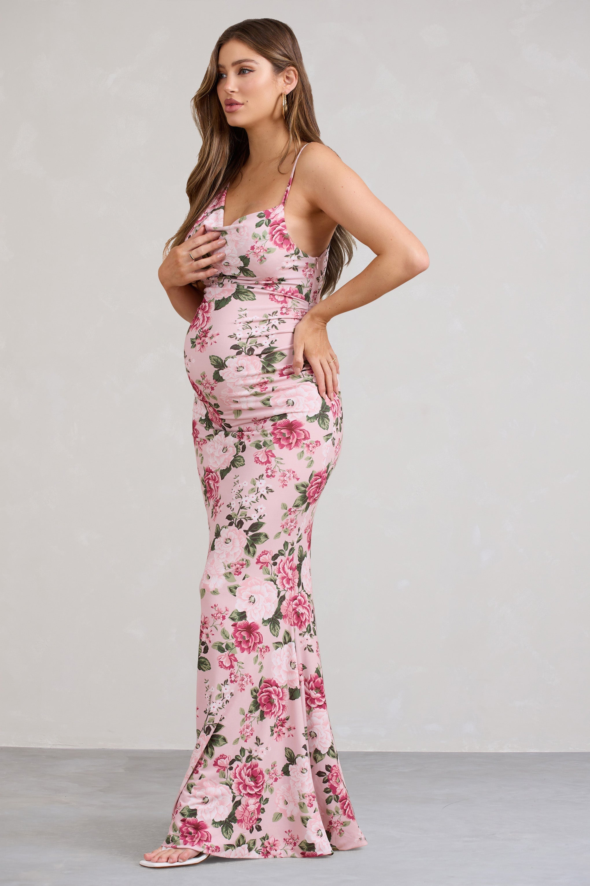 Phantasy Pink Floral Maternity Cowl Neck Maxi Dress-Fashionmomo.All Rights Reserved