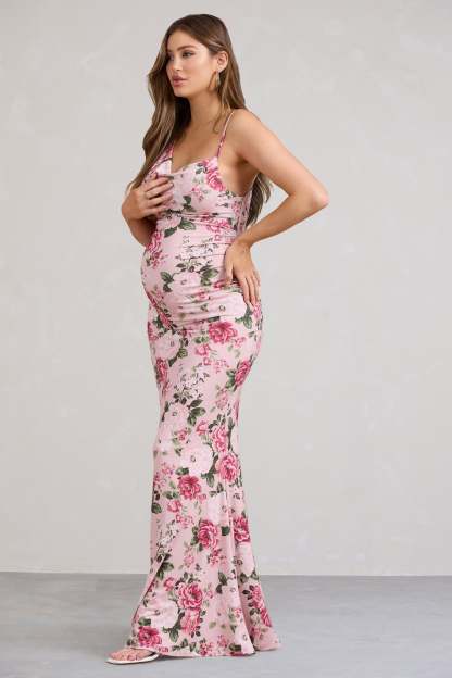 Phantasy Pink Floral Maternity Cowl Neck Maxi Dress-Fashionmomo.All Rights Reserved